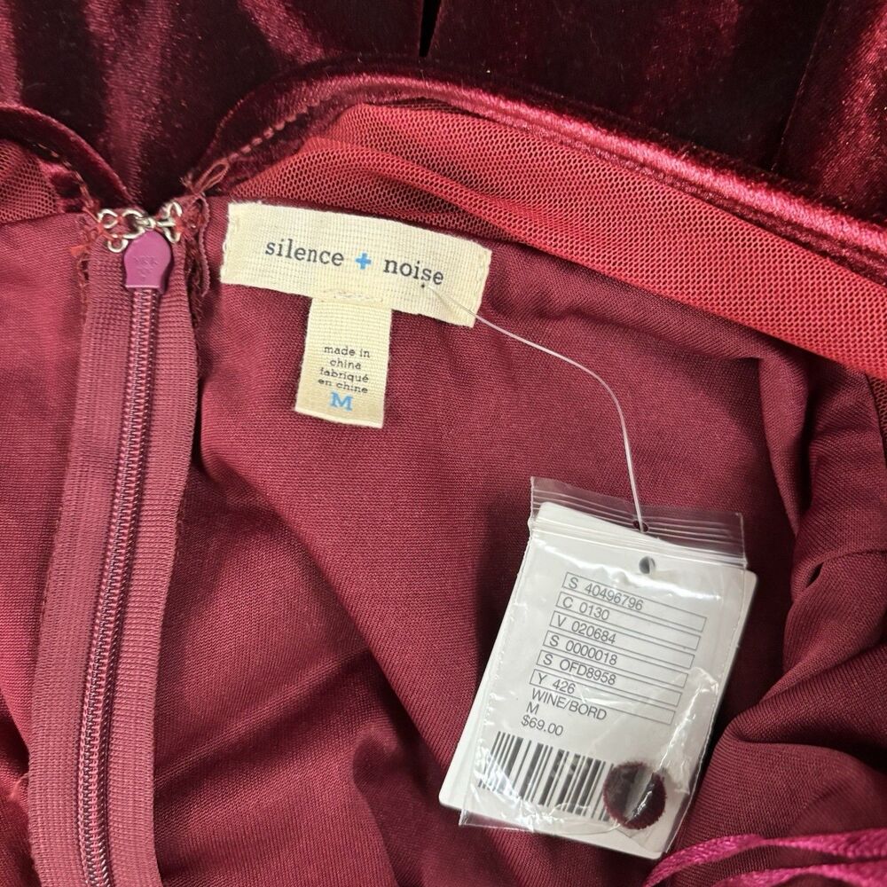 NWT Silence + Noise Sz Medium Maroon Red Velvet Mesh Insert Mini Dress Party - Picture 4 of 6